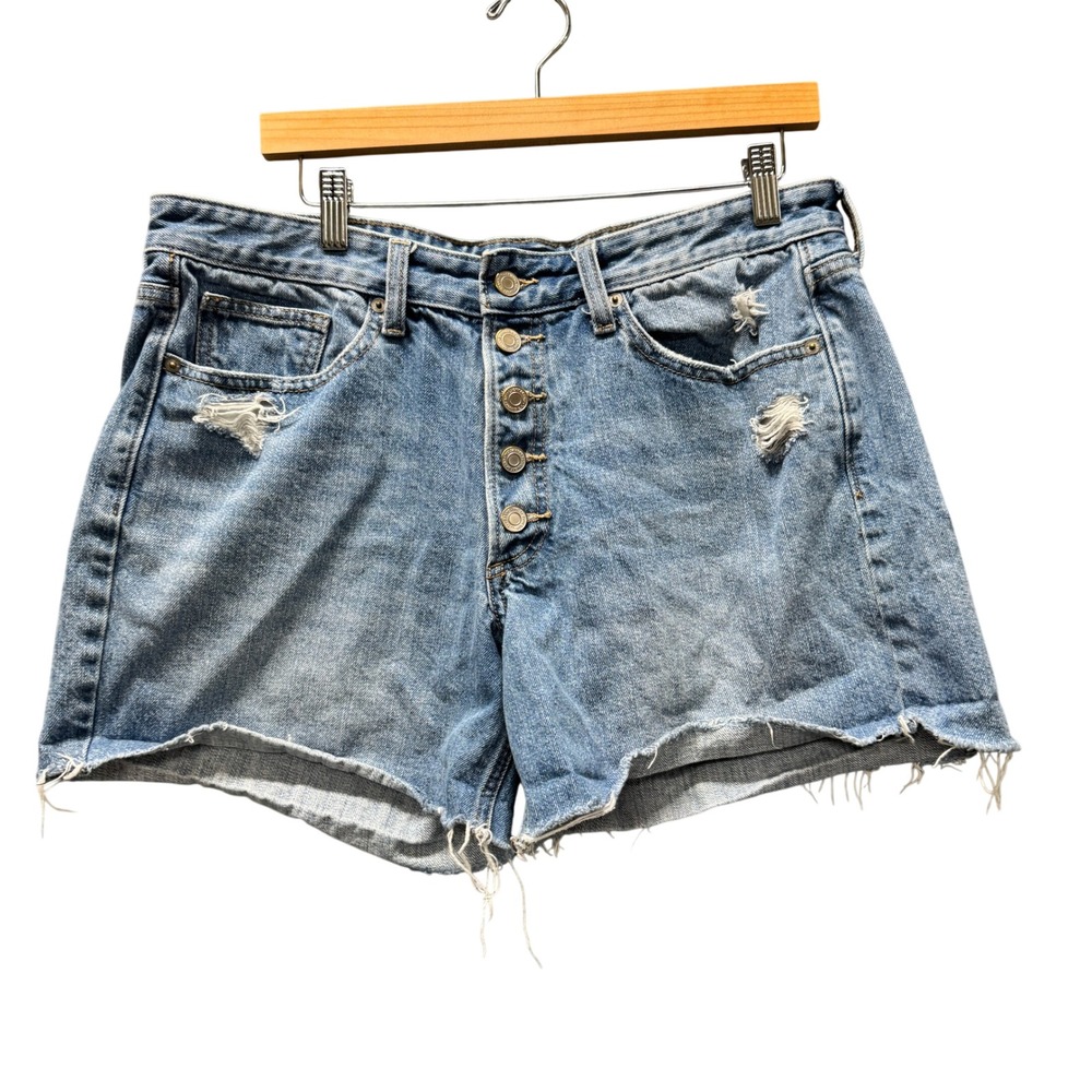 Lucky Brand Denim Shorts Womens 12 Boyfriend Short Blue Distressed Button Fly